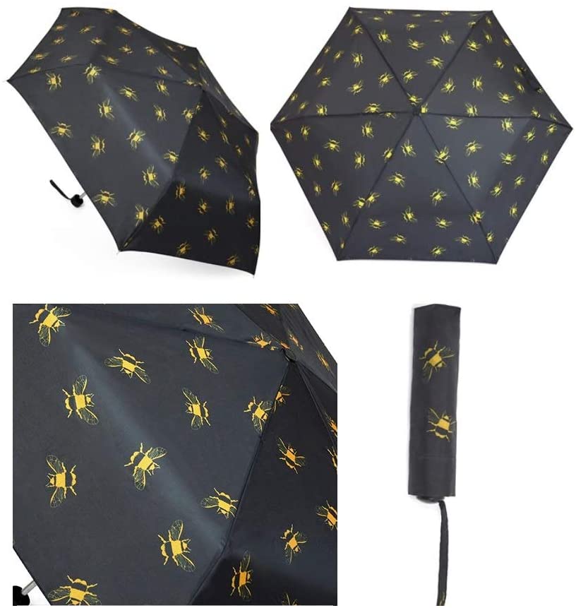 Ladies Foldable Travel Umbrella - Black and Gold Busy Bee Print - Ultrabee